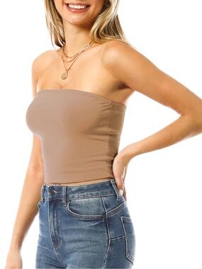 NWT MixMatchy Double Layered Strapless Cotton Bandeau Crop Tube Top - M - Taupe
